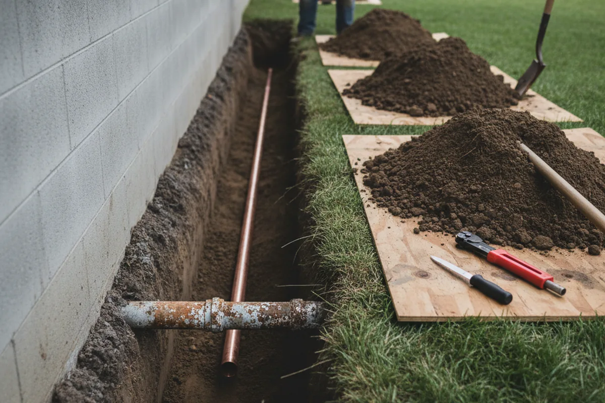 Excavated water line trench during Water Softener Installation in Peconic